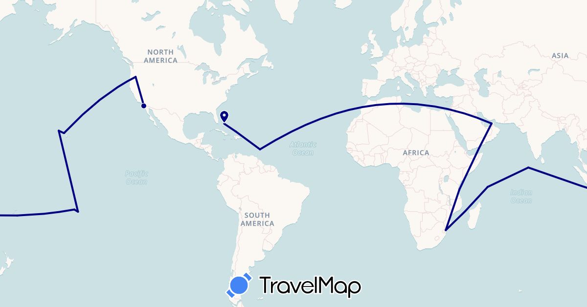 TravelMap itinerary: driving in United Arab Emirates, Barbados, Bahamas, France, Maldives, Mozambique, Seychelles, Turks and Caicos Islands, Tanzania, United States (Africa, Asia, Europe, North America)